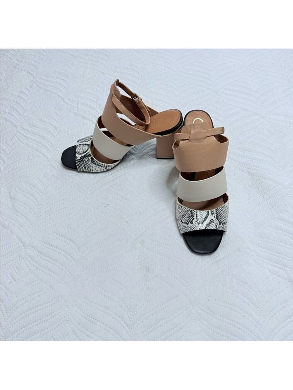 Calvin Klein Caran Women’s Tan, Black & White Block Heel Sandal. Size 10